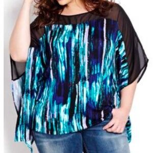 TOP, KIMONO STYLE, BLACK WITH BLUES & PURPLES, SIZE 1X, STRETCHY FABRIC, CREPE